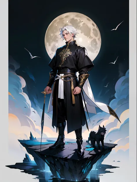 of a guy，Douluo Continent costume，standing on your feet，nigth，Black clothes，White hair，full moon，Flying