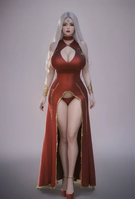 High quality, a close up of a woman in a red dress and a cape, fantasy outfit, fantasy robe, a beautiful fantasy empress, curvy hourglass body, large breasts, big breasts, cleavage, white hair, hyper detailed fantasy character, robe. extremely high details...