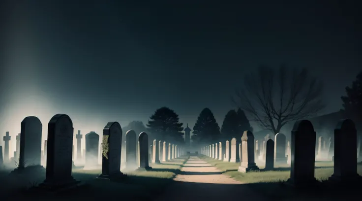 The old, twisted cemetery on the outskirts of the village, bathed in the moonlight, tombstones casting long, haunting shadows