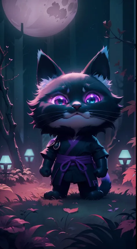 Create a vibrant dark fantasy cute ninja cat in a clean-lined minimalistic cartoon style, in the background a beautiful forest and a bright purple moon, octane render, 8k