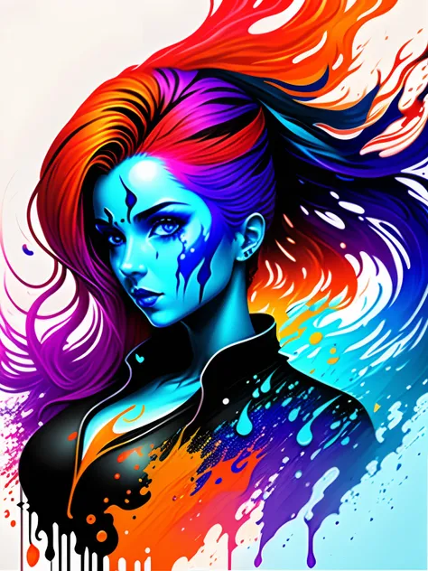 a painting of a woman with colorful hair, fantasy game spell icon, splashes of liquid, computer game art, hyperdetailed colourful, fantasy colours, avatar image, strong blue and orange colors, beautiful avatar pictures, body painted with black fluid, digit...