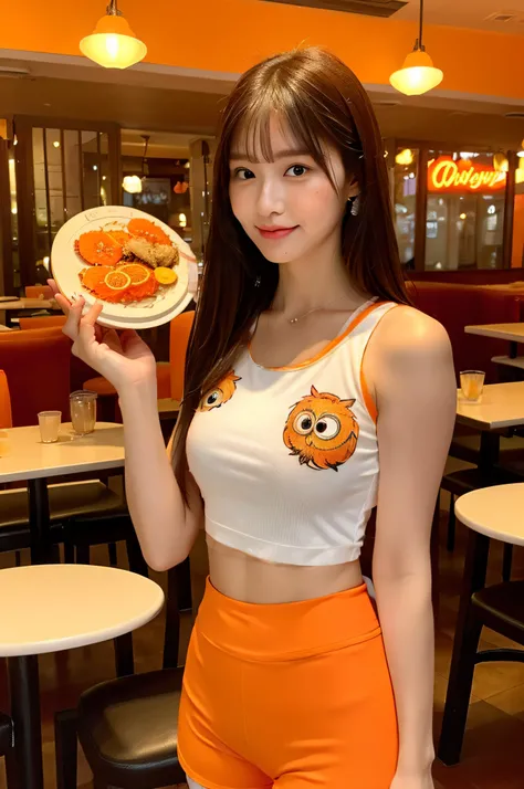 one-orange-orange-owl-print on white tank top