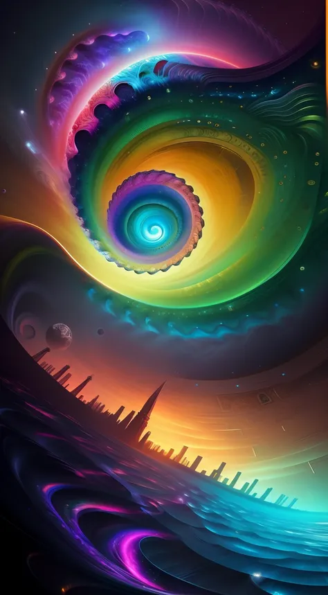 a painting of a spiral shaped spiral with a city in the background, 4k highly detailed digital art, colorfull digital fantasy art, beautiful art uhd 4 k, swirling vortex of energy, space fractal gradient, swirling magical energy, 4k solarpunk wallpaper, ps...