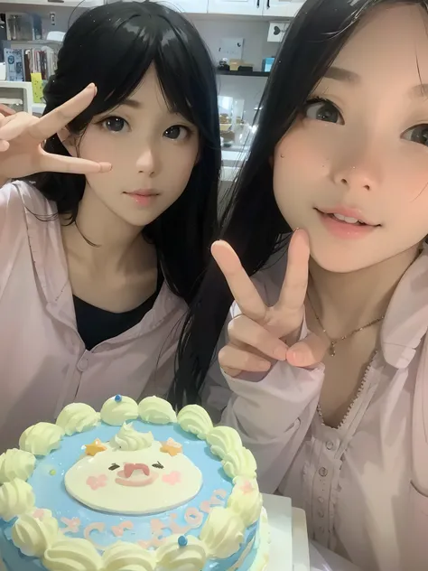 JPG, Pixar style, high quality,girl,unique, cute and beautiful, super detail,sweet smile8k impressive style --ar two lovely girls, holding cakes, pose for photos than scissors hands