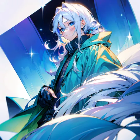 (tmasterpiece，best qualtiy)，A beautiful boy with long white hair，blue color eyes，Sweatshirt