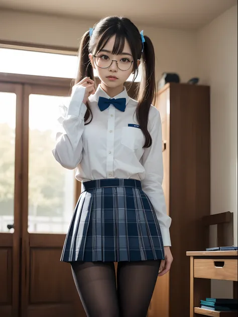 (Long twin tails),(Bra shows through and are visible),（8K、Raw photography、top-quality、​masterpiece：1.2),glamor,Chromo-white skin,cocky,School,watching at viewers,Looking at the front,Muchimuchi,Erotic,Pupils,de pele branca,kne,Student Bag((Black pantyhose)...