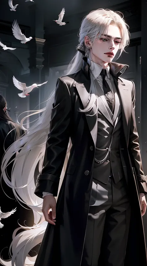 Silver hair，Outrageously long straight hair，Low ponytail，Semi-closed Eyes，Melancholy boy in a long black trench coat，Black shirt，black long boots，Holding a manuscript full of words，Surrounded by flying white doves，low-tied long hair，Anime style，back lit li...