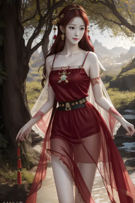 ChineseGirl，rosy lips，largeeyes，tall nose bridge，with fair skin，Slender legs，Brownish red hair，Wear translucent gauze clothing，Fairy style，Epic fantasy art style，HD 8K quality，Ultra-fine details，perfect facial features，Glowing skin，Realistic style。Works of...