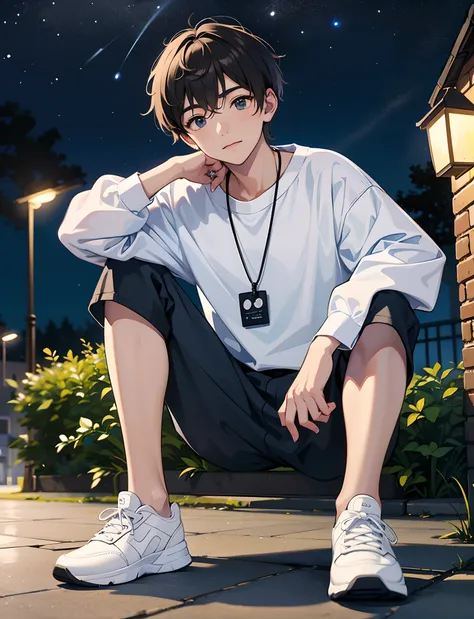 a young boy with，dressed in casual attire，wear sneakers，with a necklace，sit under a street lamp，the night，looking at the stars i...