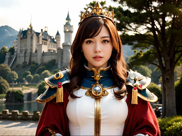 (masutepiece), Professional , ​masterpiece、top-quality、photos realistic , depth of fields （Gemstone Silver Metal Body:1.９),(Matte White、Particles of light、Jewel Gold Weapon、（Gorgeous castle background）、（Jewel Metal Body:1.４),Gorgeous Jewel Metal Weapons , ...