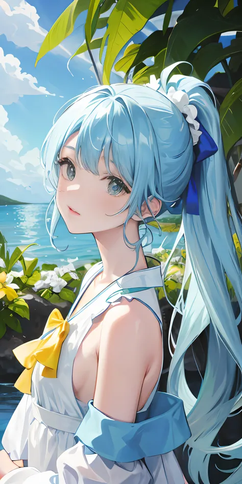 Against the background of the element of water，Light blue double ponytail hair，Yellow bells hung in his hair，Blue and white milk clothes，Cute cute girl