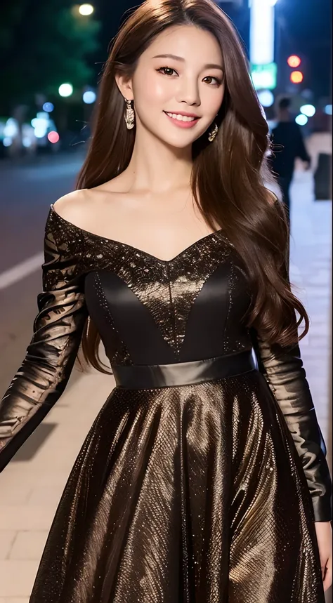 ((Best quality, 8k, Masterpiece :1.3)), 1girl, smiling, full body, slim face, Pretty woman, (Dark brown hair), full length dress :1.1, Ultra-detailed face, Detailed eyes, Double eyelid, blur background, slim face, city, outside, street,