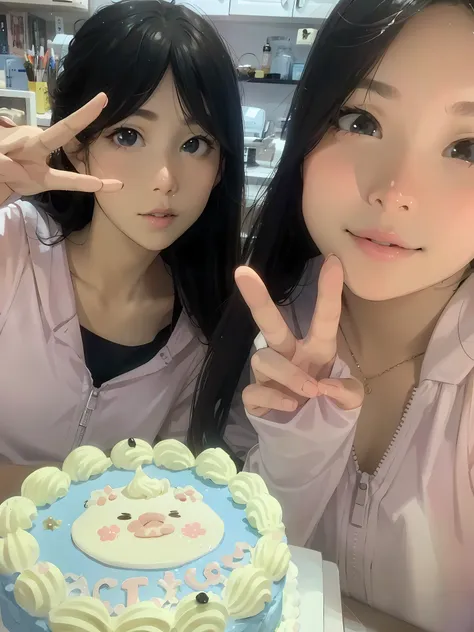 JPG, Pixar style, high quality,girl,unique, cute and beautiful, super detail,sweet smile8k impressive style --ar two lovely girls, holding cakes, pose for photos than scissors hands