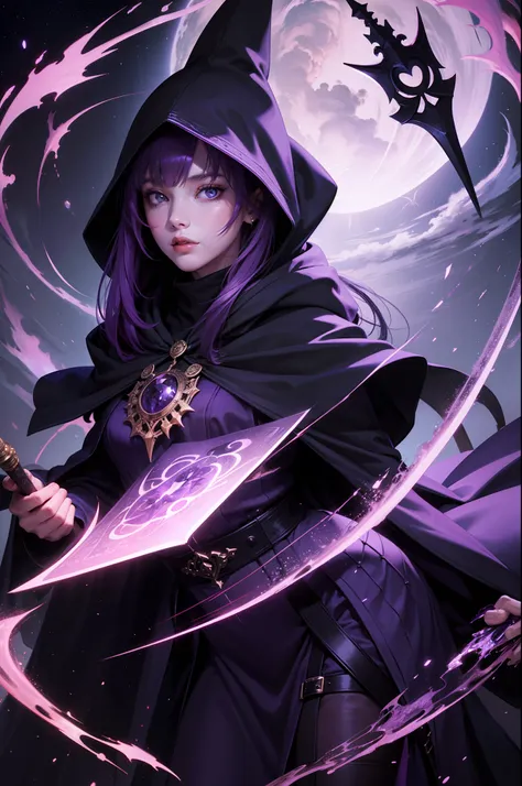 Dark tunic wizard hood details purple beautiful 4k crowd ritual books tattoos magic elegant features eyes purple dagger woman ultra quality