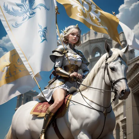 (((Fleur-de-lis))) a dynamic image of Joan of Arch with short (bobbed) hair, wearing white armor with a (((Fleur-de-lis))) emblazoned on the chest-plate, riding a Rearing white horse who is standing, holding aloft a branner flag depicting the (((Fleur-de-l...