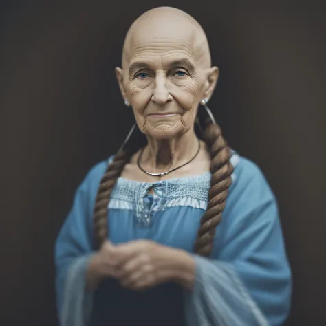 An old bald woman who had braided line hair