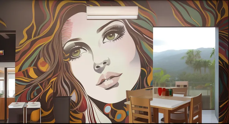 There is a large mural of a woman on the wall of a restaurant, arte mural, Mural intrincado, pintado em uma parede gigante, mural colorido nas paredes, Arte nas paredes, obra-prima obra de arte, pintura de parede, mural ultradetalhado, muralismo, arte digi...