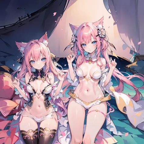 A painting of a woman with pink hair and cat ears, portrait of ahri, ahri, beautiful anime catgirl, seraphine ahri kda, Very beautiful anime cat girl, ahri from league of legend, anime in fantasy style, pink twintail hair and cyan eyes, anime catgirl, beau...