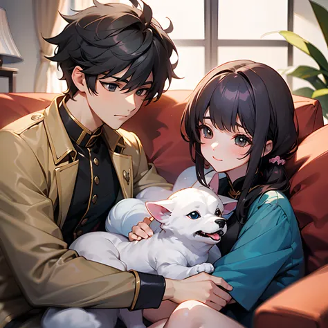 A handsome boy, a beautiful girl, sitting on the sofa at home watching TV, the girl snuggled in the boys arms, the boy holding the girl. There was a small dog Bichon lying on the floor