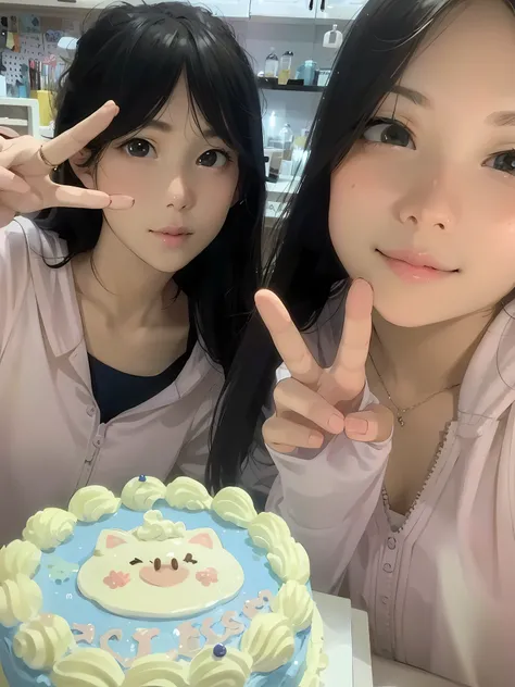 JPG, Pixar style, high quality,girl,unique, cute and beautiful, super detail,sweet smile8k impressive style --ar two lovely girls, holding cakes, pose for photos than scissors hands