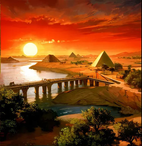 Ancient Egyptian civilization，wide wide shot，Nile River，pyramid，setting sun，The river extends to the horizon，epic sense，Sense of grandeur