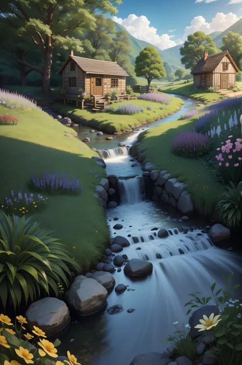 Streams and streams with lush grass and a variety of beautiful flowers along a winding cobblestone road that leads to a small hut with a water wheel attached and little sheep in the grass, butterflies and a radiant sunlight peering through fluffy clouds;