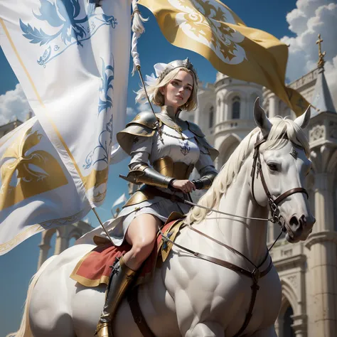 (((Fleur-de-lis))) a dynamic image of Joan of Arch with short (bobbed) hair, wearing white armor with a red cross emblazoned on the chest-plate, riding a Rearing white horse who is standing, holding aloft a branner flag depicting the (((Fleur-de-lis))), li...