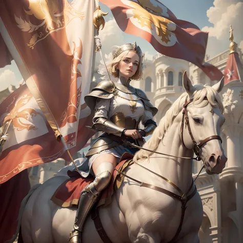 (((Fleur-de-lis))) a dynamic image of Joan of Arch with short (bobbed) hair, wearing white armor with a red cross emblazoned on the chest-plate, riding a Rearing white horse who is standing, holding aloft a branner flag depicting the (((Fleur-de-lis))), li...