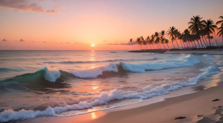 An absolutely mesmerizing sunset on the beach, with a mix of orange, pink, and yellow in the sky. The water is crystal clear, gently kisses the coast, and the white sand is endless. The scene is dynamic and breathtaking, with seagulls soaring high in the s...