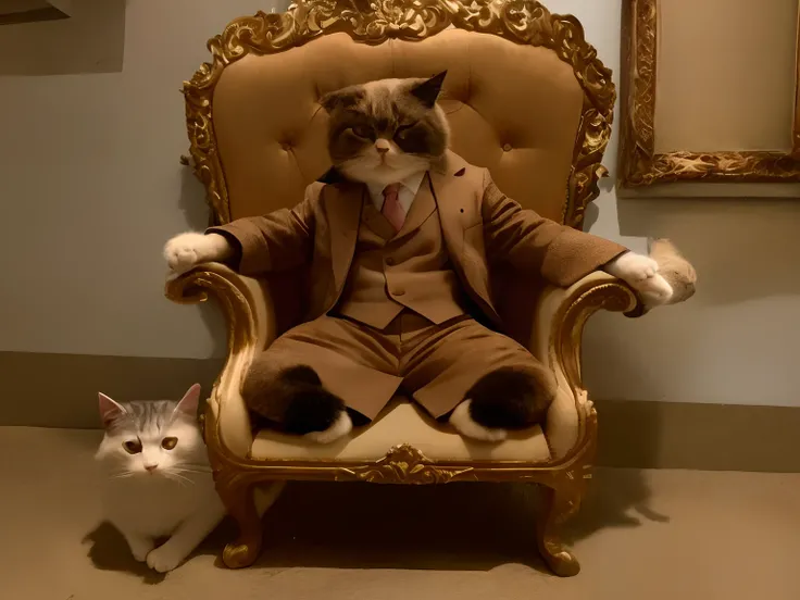 There was a cat wearing a coffee-colored suit，is sitting on his throne, In a majestic pose