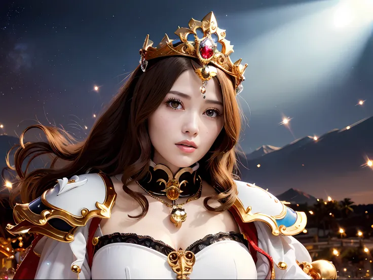 (masutepiece), Professional , ​masterpiece、top-quality、photos realistic , depth of fields （Gemstone Silver Metal Body:1.９),(Matte White、Particles of light、Jewel Gold Weapon、（Gorgeous castle background）、（Jewel Metal Body:1.４),Gorgeous Jewel Metal Weapons , ...