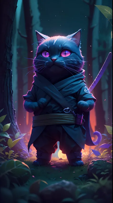 Create a vibrant dark fantasy cute ninja cat in a clean-lined minimalistic cartoon style, in the background a beautiful forest and a bright purple moon, octane render, 8k