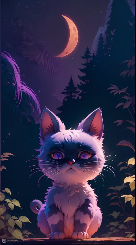 Create a vibrant dark fantasy cute ninja cat in a clean-lined minimalistic cartoon style, in the background a beautiful forest and a bright purple moon, octane render, 8k