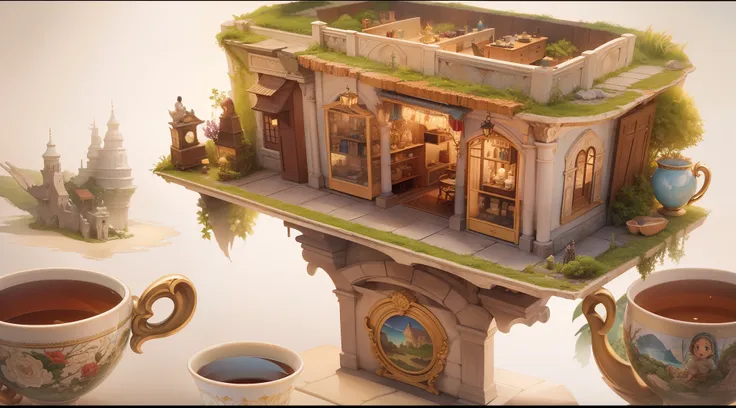 ultra-nitidez, ultra detalhado, "Transport viewers to an extravagant and fantastical world where floating islands reside inside a cup of tea through a charming and intricately detailed piece of fantasy art. Retratar paisagens exuberantes, aldeias pitoresca...