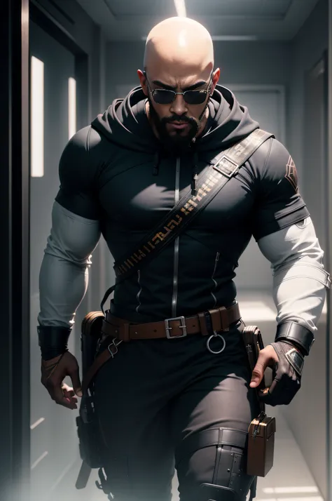 bald black man::2with beard::2 with hood::2 covering eyes::1 ember eyes::2 cinematic prescription glasses::1 white gold::3 full body Hyper realistic 8k octane render  unreal engine epic