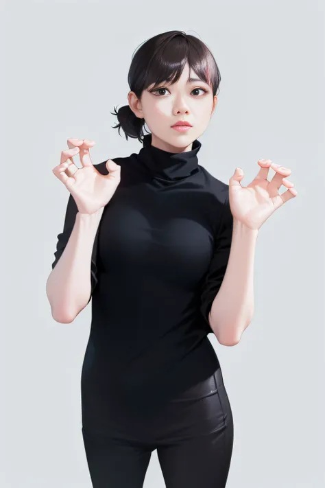 There is a woman posing for a photo in a black turtleneck, wear a  turtleneck, Young Asian woman, An Asian woman, A young Asian woman, Korean woman, Lu Ji, Black turtleneck, dramatic smirk pose, Chinese woman, Young Asian girl, serpentine pose gesture, Asi...