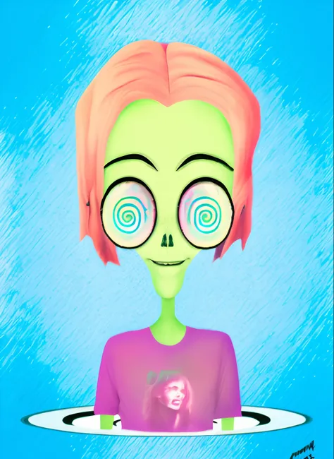 desenho dos desenhos animados de uma mulher com cabelo rosa e olhos verdes, alien girl, happy female alien, acid pixie, alien art, portrait of a space alien, alien portrait, Portrait of an alien, Female alien, Space alien, alien like, half human half alien...