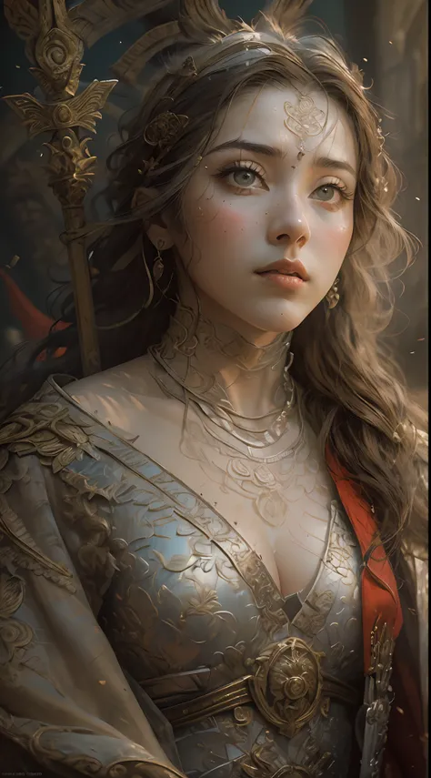 ((masterpiece))), (((best quality))), ((ultra-detailed)), (hyperrealistic), (highly detailed CG illustration), cinematic light, photorealistic ,extremely beautiful young lady, light makeup, big breast,  intricate detailed eaba, red cape, spear