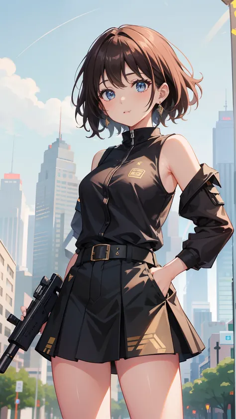 She is a girl from the future。Combat uniform with blue design on white background。