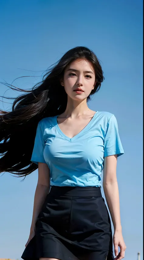 One wears blue short sleeves，Superskirt，huge tit，Beautiful young woman，v neck，Blowing the wind on the steppe，32K，Ultra-clear picture，The sky is clear，looks into camera，Savannah in the background