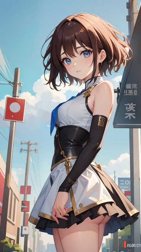 She is a girl from the future。Combat uniform with blue design on white background。