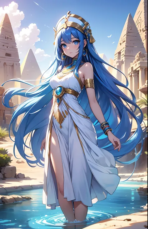 best qualityer，tmasterpiece，Ultimate resolution，downy，Extremely colorful，Colorful，Oasis background，Ancient Egyptian woman，Long azure hair，a matural female，Long white dress in Egyptian style，a white long skirt，Treading water，Desert oasis，Nile River，Normal p...