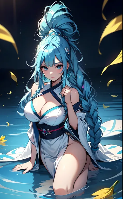 best qualityer，tmasterpiece，Ultimate resolution，downy，Extremely colorful，Colorful，water background，（Lake surface）,Dancer，White kimono long dress，huge tit，hair-bun，Fine braids，（Long aqua blue hair），Blue lip gloss，a matural female，（The barefoot），Kneeling pos...