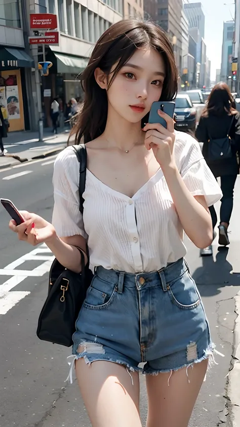 Beautiful woman, fiddling with cell phone in the middle of the street, short clothes