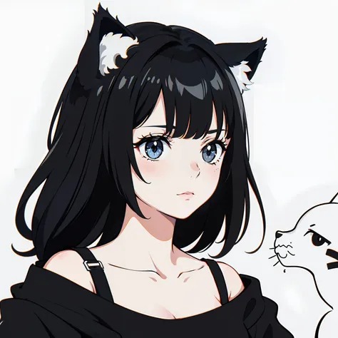 Nonchalant expression, black and white, disheveled fringe, medium messy hair, alluring look, black and white,Black and white painting,White background,Side Face,Cat Ear,A calm expression