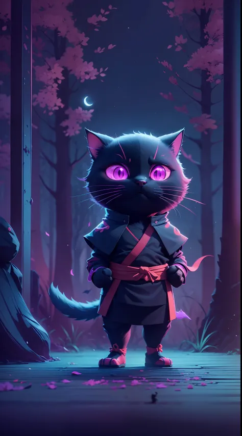 Create a vibrant dark fantasy cute ninja cat in a clean-lined minimalistic cartoon style, in the background a beautiful forest and a bright purple moon, octane render, 8k