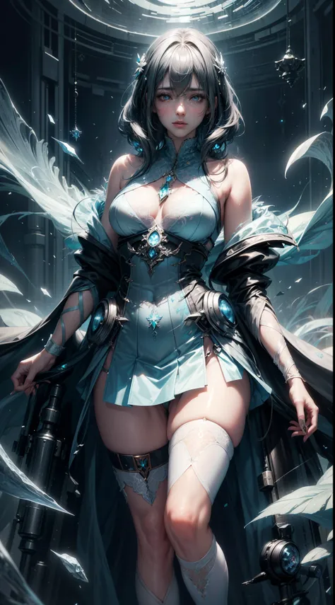 cyan futuristic fairy priestess girl in coverall armored suit (((skirt))) (((robe))) with relic pendant necklace, (layered robe), magic, ((lacy)), futurism, cyberpunk, silk, fur, (stockings), natural breasts, slim body, zettai ryouiki, ((((medium length du...