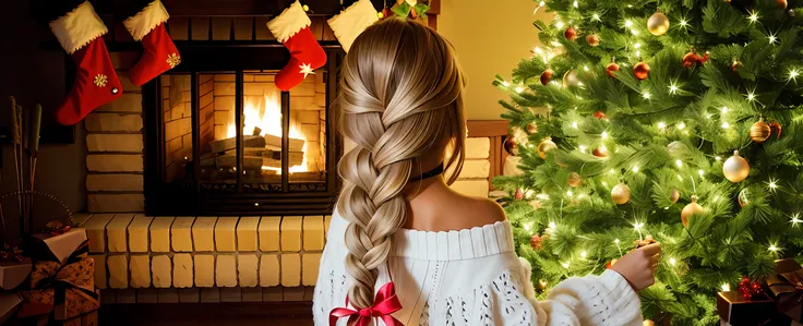 Long haired braided girl standing in front of Christmas tree, Braided long hair, french braid hairstyle，long flowing braided hair, long braided hair, braided blonde hair, braid hairstyle,