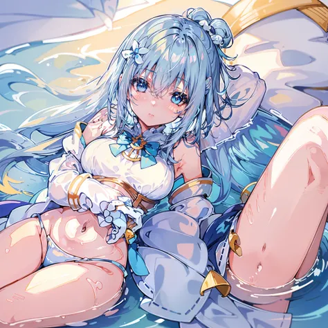 Against the background of the element of water，Light blue double ponytail hair，Yellow bells hang from his hair，Blue and white clothes with milk，Cute cute girl