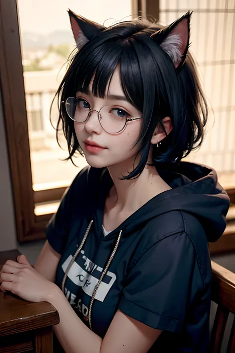 ahoge, dark blue hair, hair behind ear, short hair, over-rim eyewear, hood down, mole under eye, wide eyes, cat ears, sleepy, light smile, rococo style, chiaroscuro, masterpiece --auto